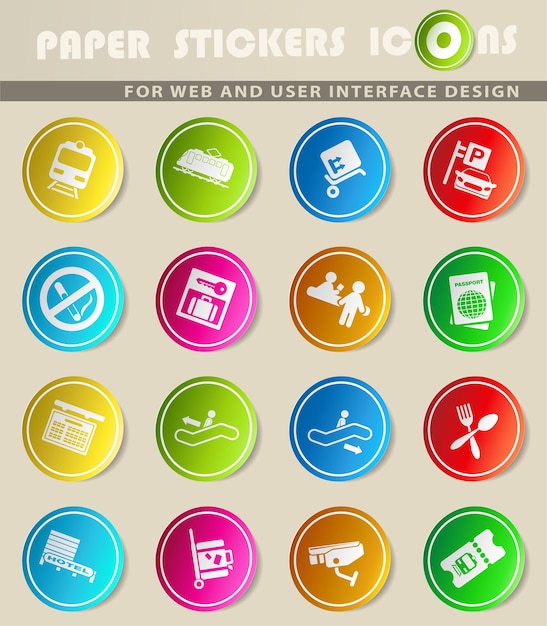 Iconos de vector de estación de tren en pegatinas de papel de colores