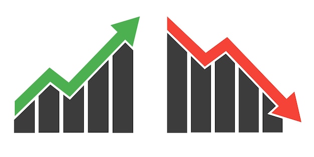 Iconos de vector gráfico. Un gráfico con una flecha hacia arriba o hacia abajo. . Conjunto de iconos de aumento o caída de ganancias. Vector