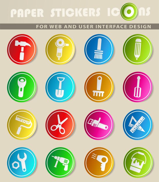 Iconos de vector de herramientas de trabajo en pegatinas de papel de colores