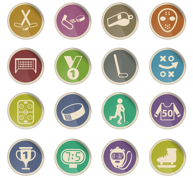 Iconos de vector de hockey en forma de etiquetas de papel redondas