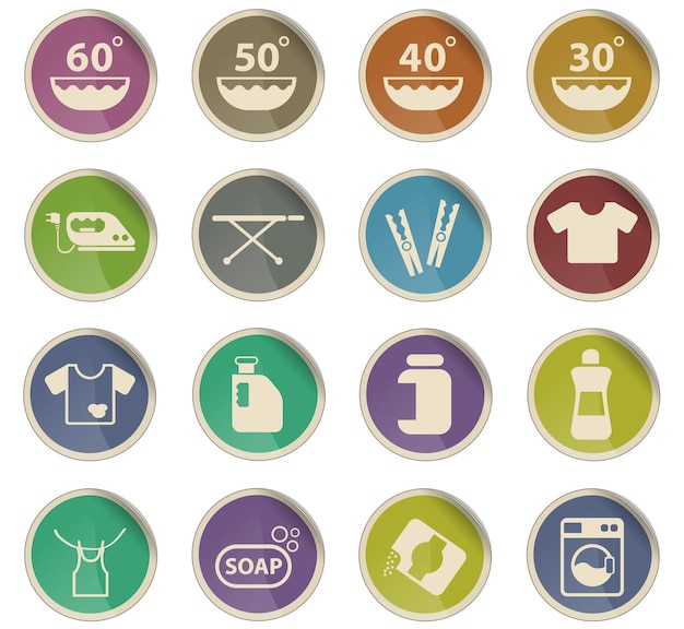 Iconos de vector de lavandería en forma de etiquetas de papel redondas