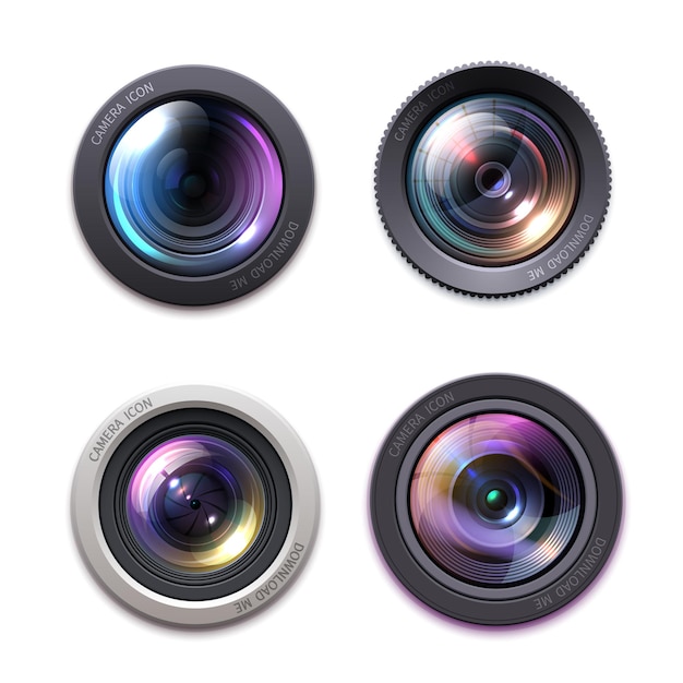 Vector iconos de vector de lente de cámara de video de foto profesional