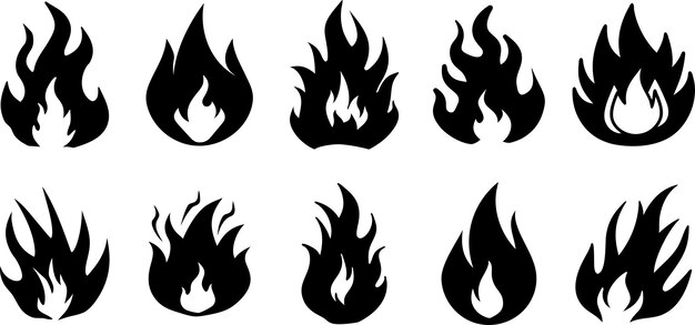 Los íconos del vector de llama negra establecen el símbolo de fuego en negrita Colección de clipart