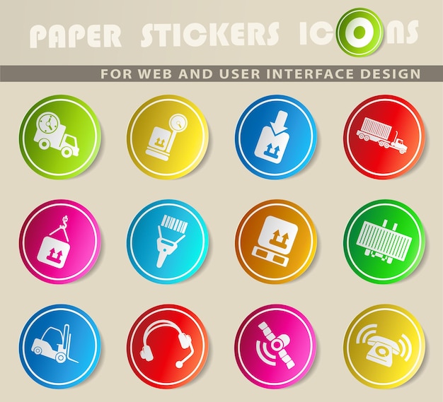 Iconos de vector de logística en pegatinas de papel de colores
