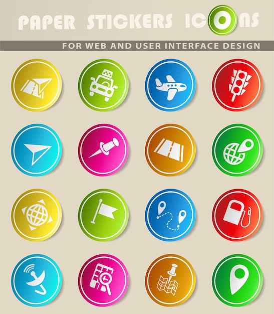 Iconos de vector de mapa de transporte de navegación en pegatinas de papel de colores
