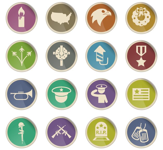 Iconos de vector de Memorial Day en forma de etiquetas de papel redondas