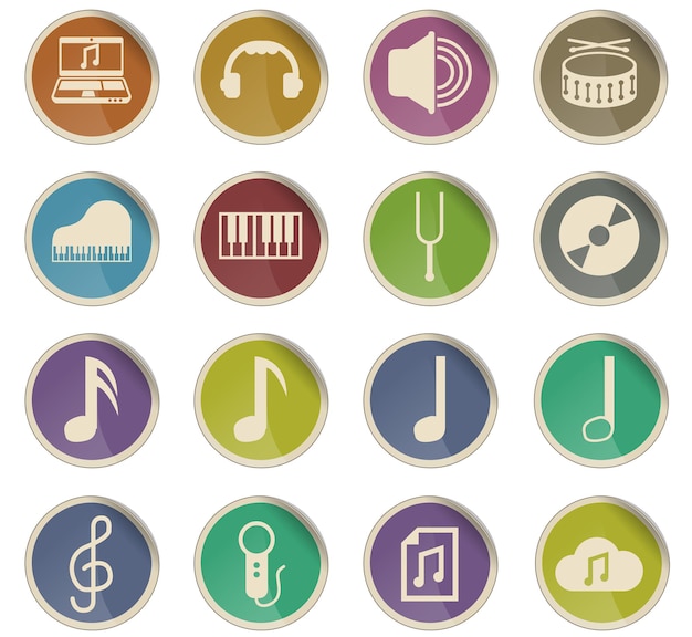 Iconos de vector de música en forma de etiquetas de papel redondas