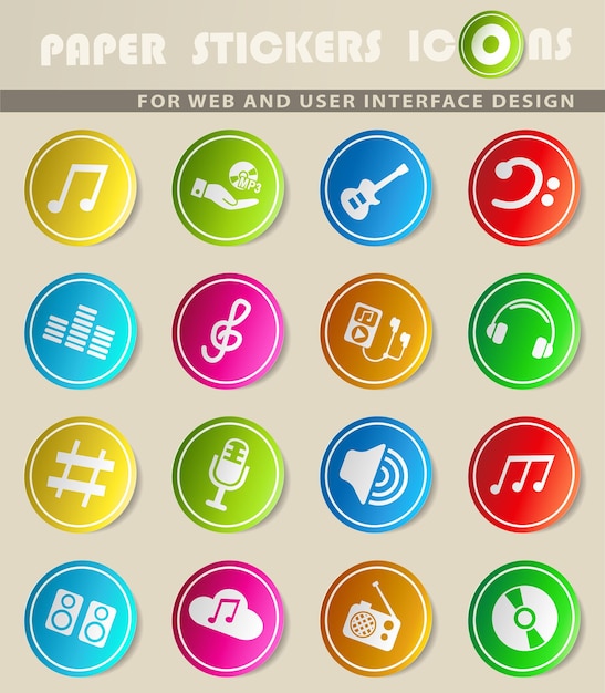 Iconos de vector de música en pegatinas de papel de colores