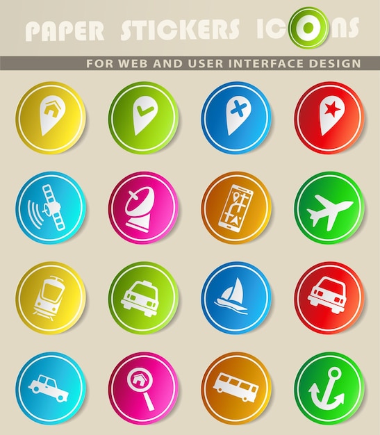 Iconos de vector de navegación en pegatinas de papel de colores