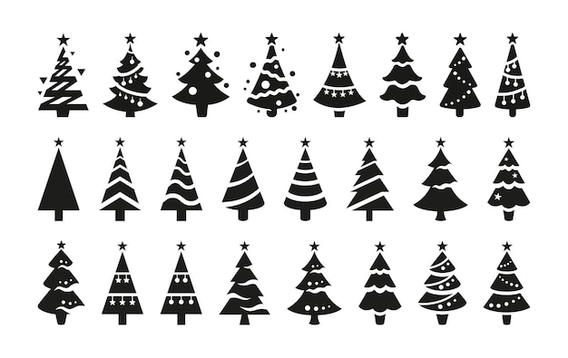 Iconos de vector negro de árboles de Navidad aislados sobre fondo blanco. Siluetas negras de árboles de Navidad estilizados con estrellas en la parte superior.