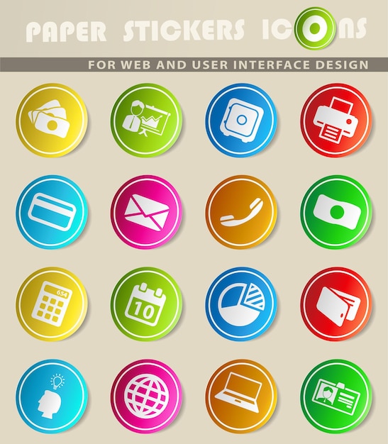 Iconos de vector de oficina en pegatinas de papel de colores
