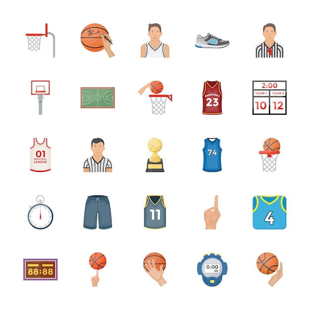 Iconos de vector plano de baloncesto