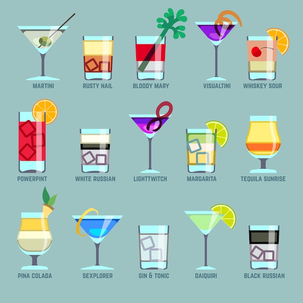 Iconos de vector plano bebidas y cócteles de alcohol