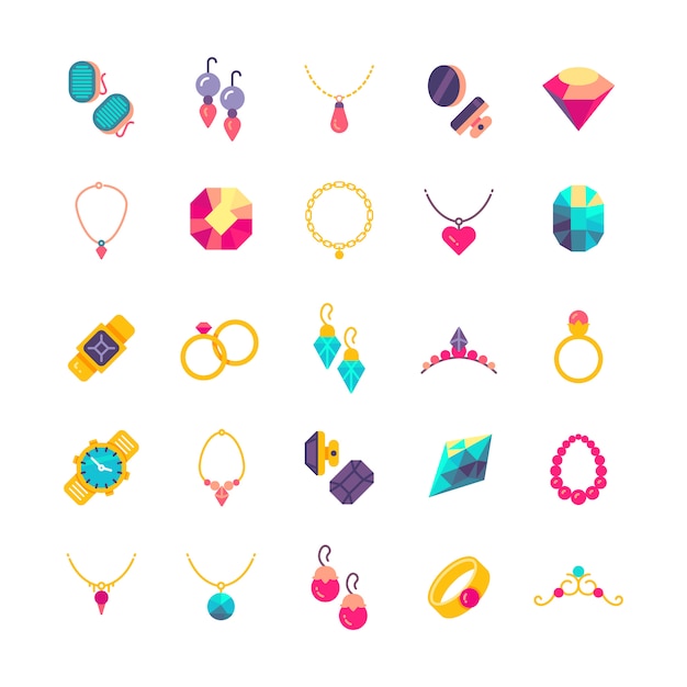 Iconos de vector plano de joyería de lujo