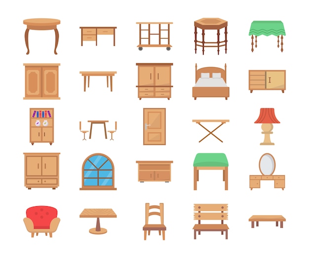 Iconos de vector plano de muebles de madera