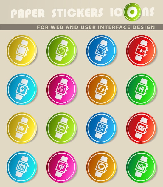 Iconos de vector de reloj inteligente en pegatinas de papel de colores