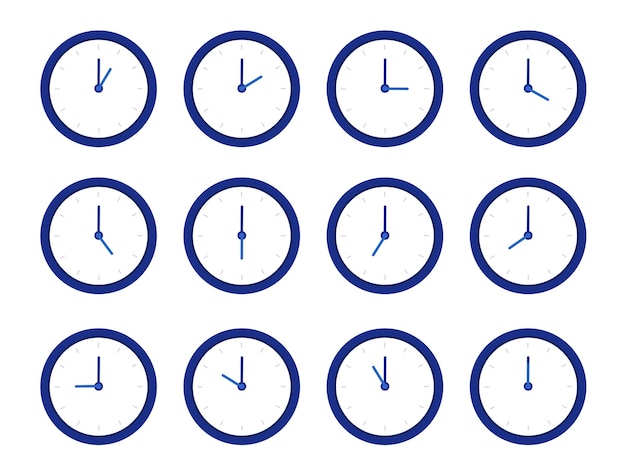 Los iconos de vector de reloj o temporizador establecen reloj de pared para cada hora hora internacional mundial