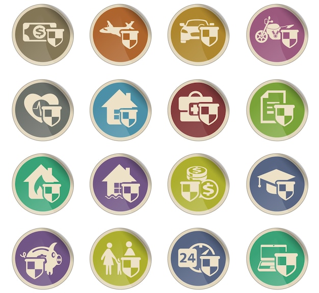 Iconos de vector de seguros en forma de etiquetas de papel redondas