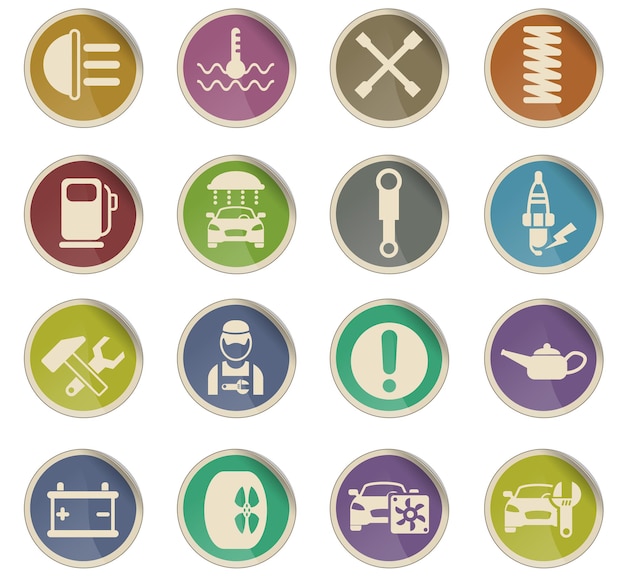 Iconos de vector de servicio de coche en forma de etiquetas de papel redondas