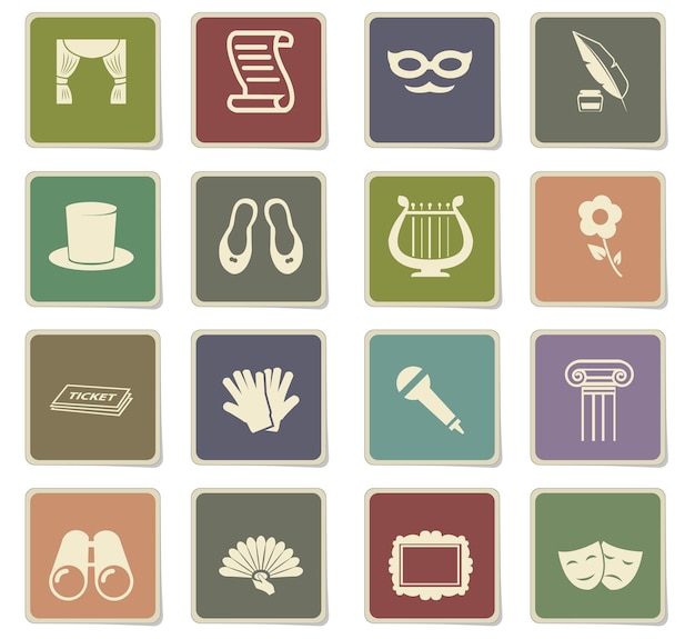 Iconos de vector de teatro en etiquetas de cartón