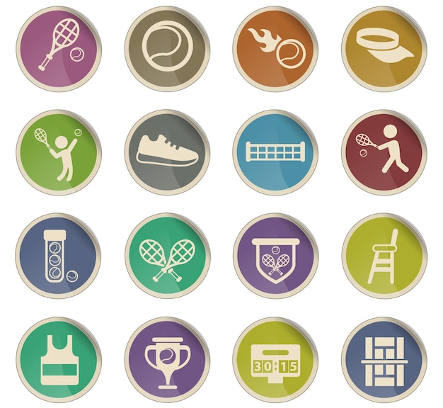 Iconos de vector de tenis en forma de etiquetas de papel redondas