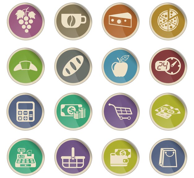 Iconos de vector de tienda de abarrotes en forma de etiquetas de papel redondas