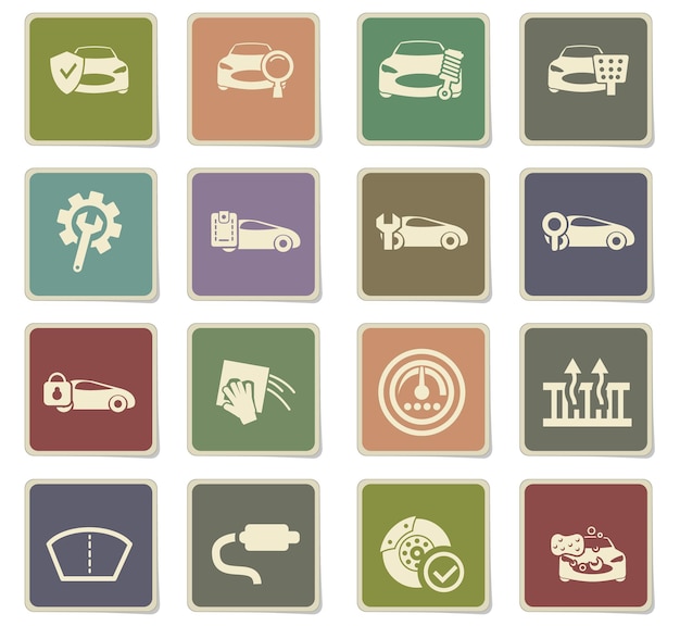 Iconos de vector de tienda de coches en etiquetas de cartón