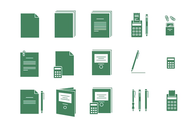 Iconos de vector verde para oficina de papel de computadora