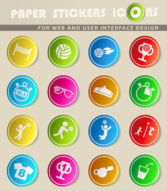 Iconos de vector de voleibol en pegatinas de papel de colores