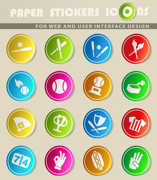 Iconos de vector de web de béisbol en pegatinas de papel de colores