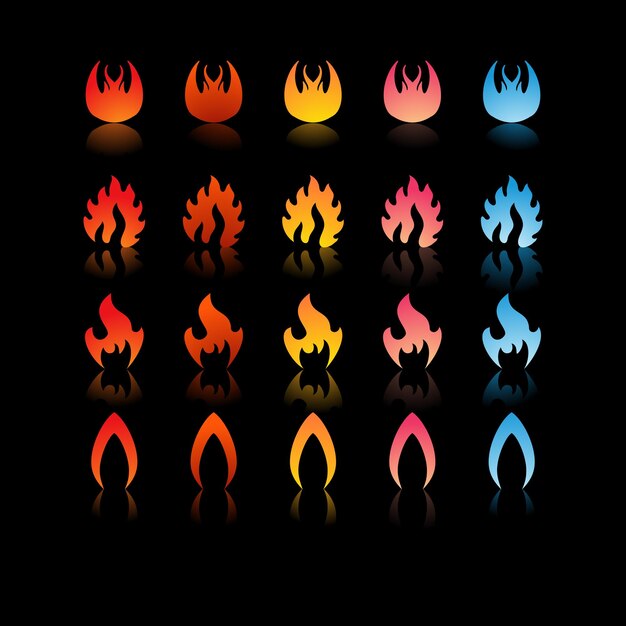 Iconos de vectores de gradiente en llamas de fuego aislados