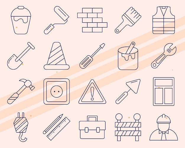 Iconos vectoriales adicionales que representan elementos de construcción como ladrillos, cascos y martillos