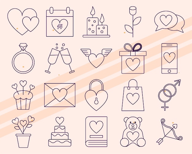 Iconos vectoriales adicionales con temas del Día de San Valentín con varios corazones y símbolos románticos