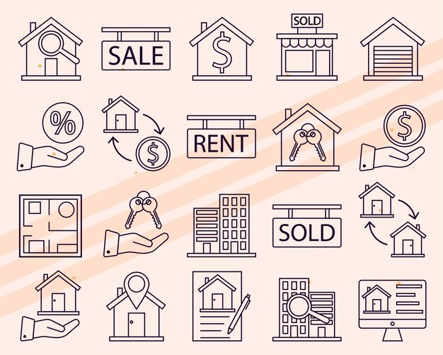 Iconos vectoriales adicionales con temas inmobiliarios con varios elementos de propiedades y viviendas