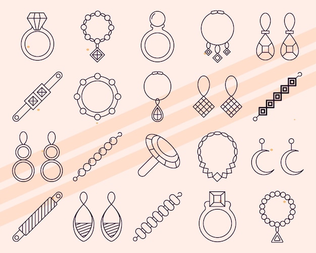 Iconos vectoriales adicionales con temas de joyas con varias piezas y accesorios de joyas