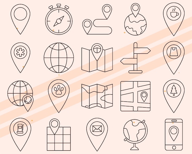 Iconos vectoriales adicionales con temas de mapas con varios elementos de navegación y geográficos