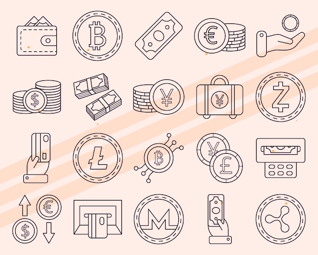 Iconos vectoriales adicionales con temas monetarios con varios elementos financieros y monetarios