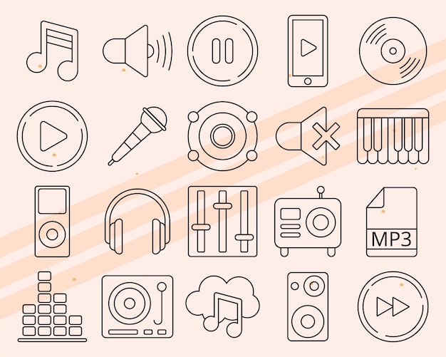Iconos vectoriales adicionales con temas musicales con varios instrumentos musicales y elementos de sonido