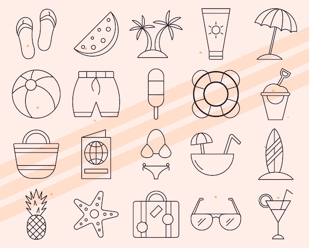 Iconos vectoriales adicionales con temas de verano con varios artículos tropicales y de vacaciones