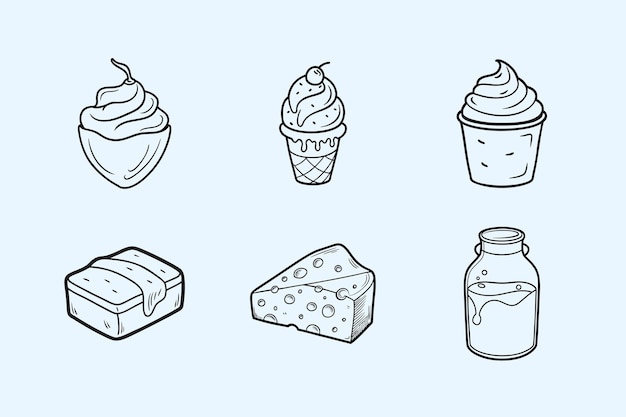 Iconos vectoriales de alimentos lácteos dibujados a mano