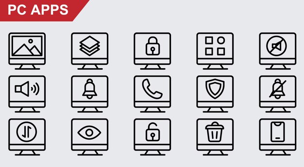 Iconos vectoriales de aplicaciones de PC en fondo blanco