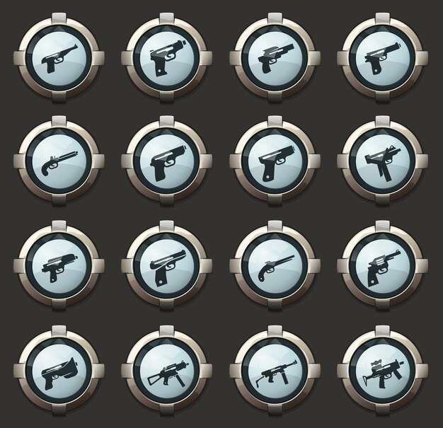 Iconos vectoriales de armas de mano en los elegantes botones redondos para aplicaciones móviles y web