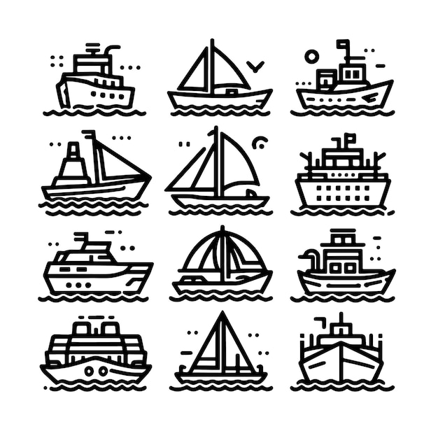 Iconos vectoriales de arte de líneas minimalistas de barcos sobre un fondo blanco