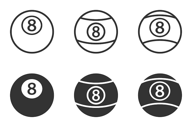 Iconos vectoriales de billar 8ball en diferentes estilos, incluidos el contorno y el relleno Ideales para juegos deportivos y diseños recreativos
