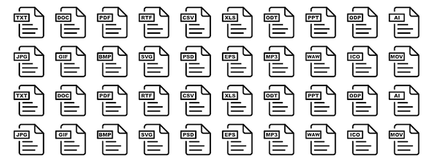 Iconos vectoriales en blanco y negro de varios formatos de archivo, incluidos tipos de texto, imagen, audio y documento