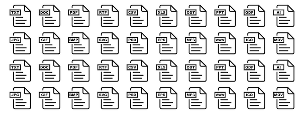 Iconos vectoriales en blanco y negro de varios formatos de archivo, incluidos tipos de texto, imagen, audio y documento