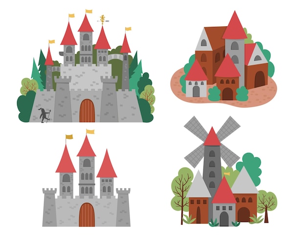Iconos vectoriales con castillos y pueblos medievales Colección del reino mágico Gran palacio medieval de piedra con torres banderas puertas árboles Edificios de piedra y madera Ciudad de cuento de hadas ilustraciónxA