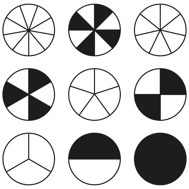 Iconos vectoriales circulares Gráficos geométricos en pie Símbolos en blanco y negro Elementos gráficos minimalistas