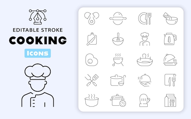 Iconos vectoriales de cocina en estilo de línea horquilla cuchara y cuchillo sombrero de chef tabla de corte sartén caliente cocina de alimentos relacionada colección de iconos de línea delgada trazo editable
