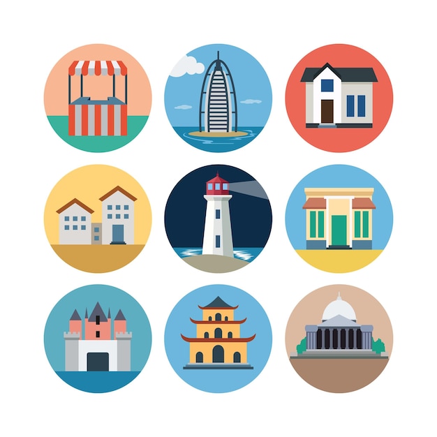 Iconos vectoriales coloridos de puntos de referencia y edificios globales en fondos circulares